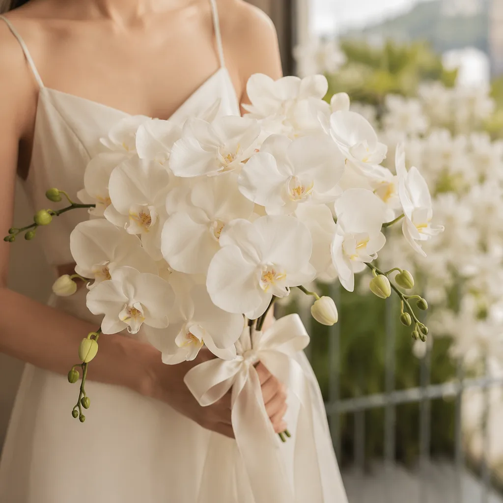 Hoa cưới minimalism 2026: lan hồ điệp trắng đơn sắc - hình 1