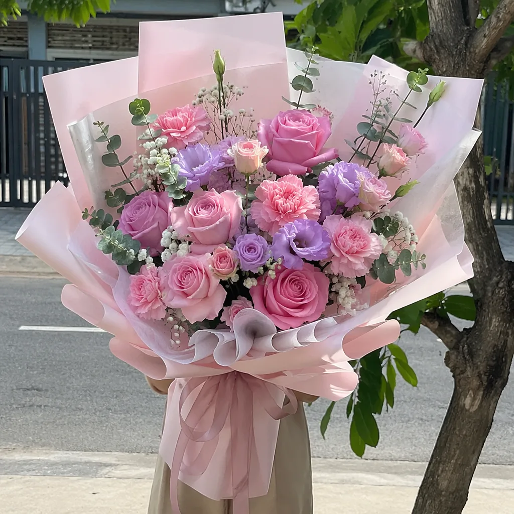 Bó hoa pastel tone hồng tím nhẹ nhàng