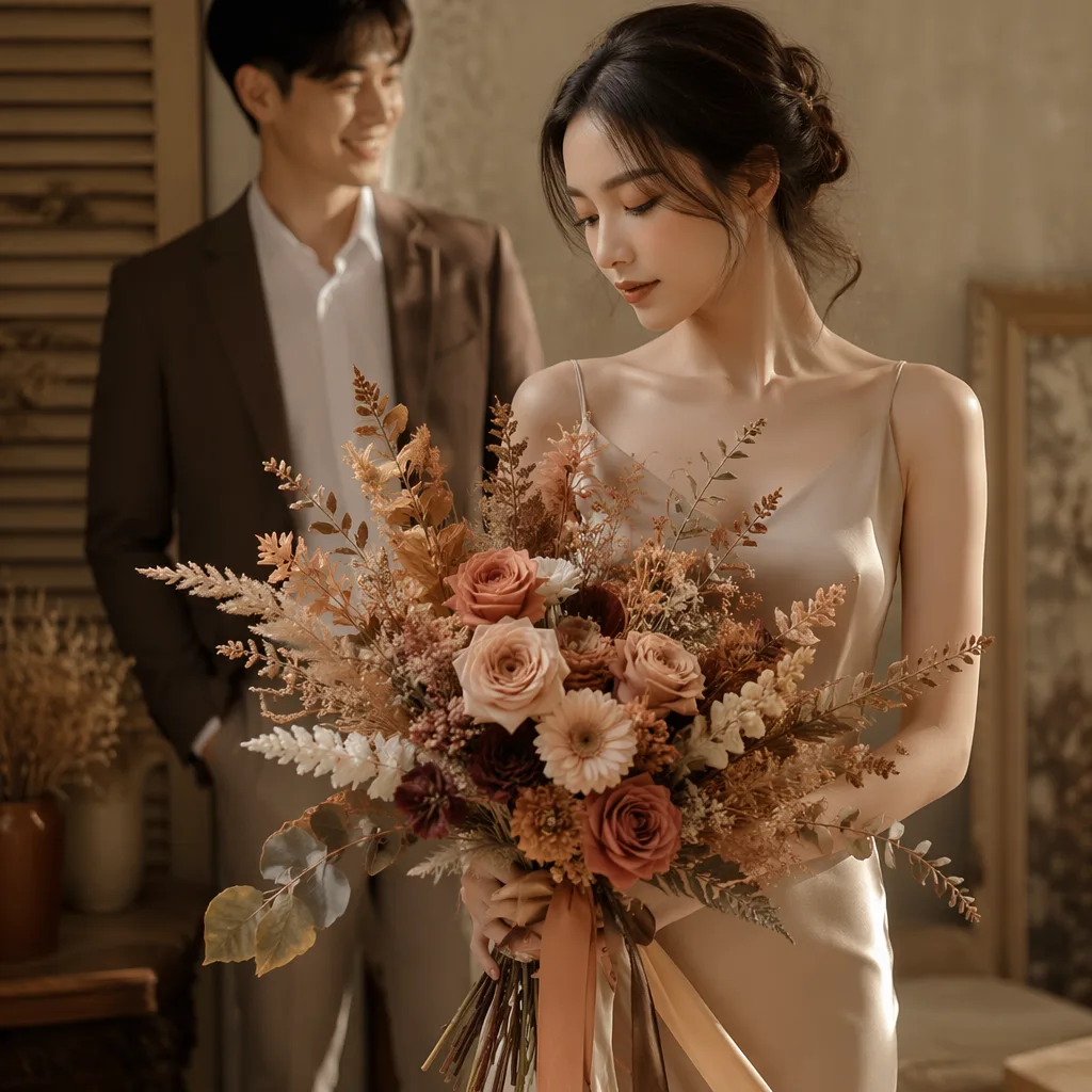 Bó hoa tone đất pre-wedding phối ảnh vintage 2026