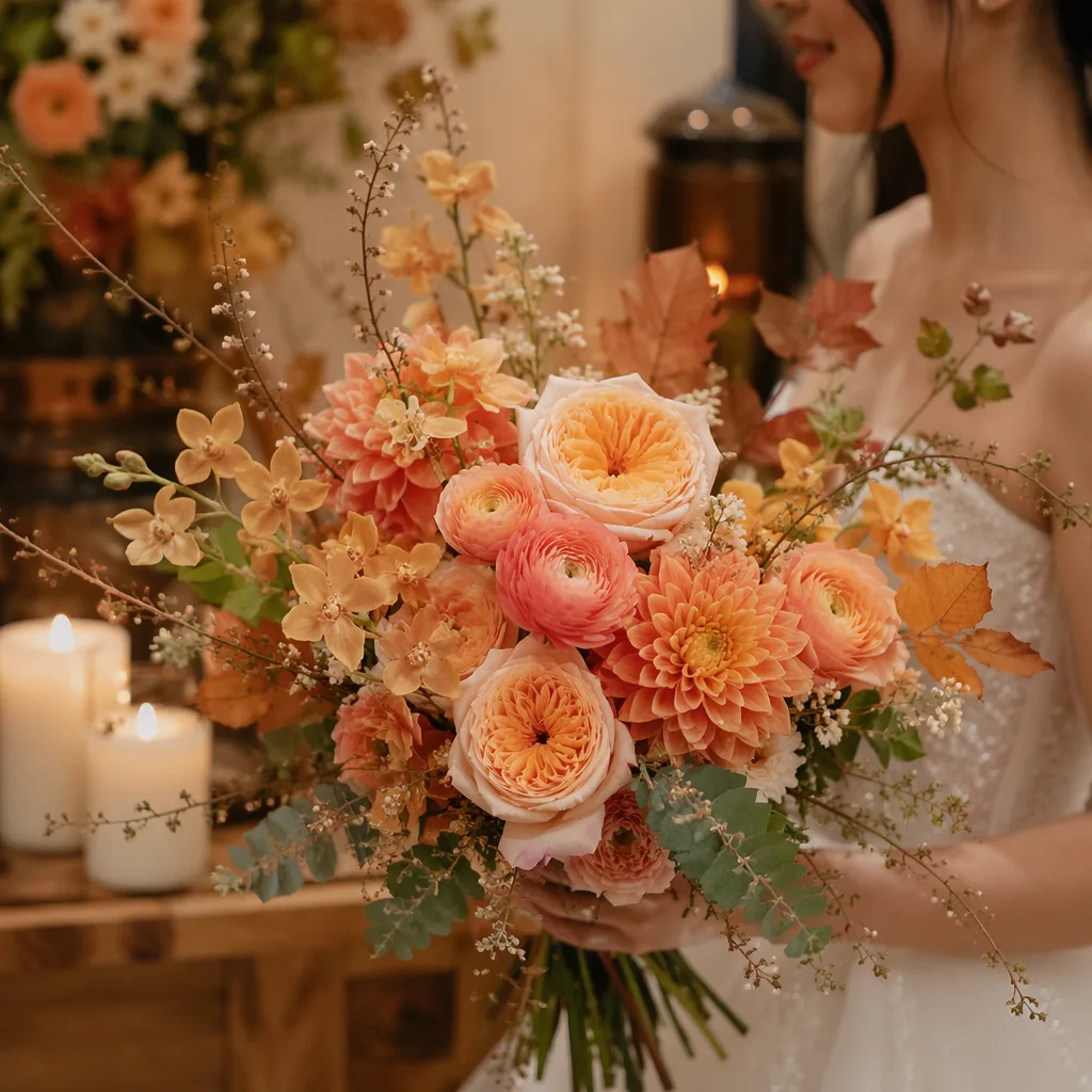 Hoa Apricot Crush 2026 cho tiệc cưới ấm cúng