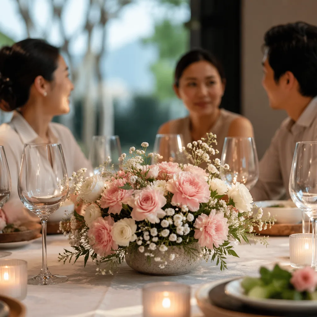 Hoa cắm bàn ăn không cản tầm nhìn cho buổi tiệc trang trọng - hình 1