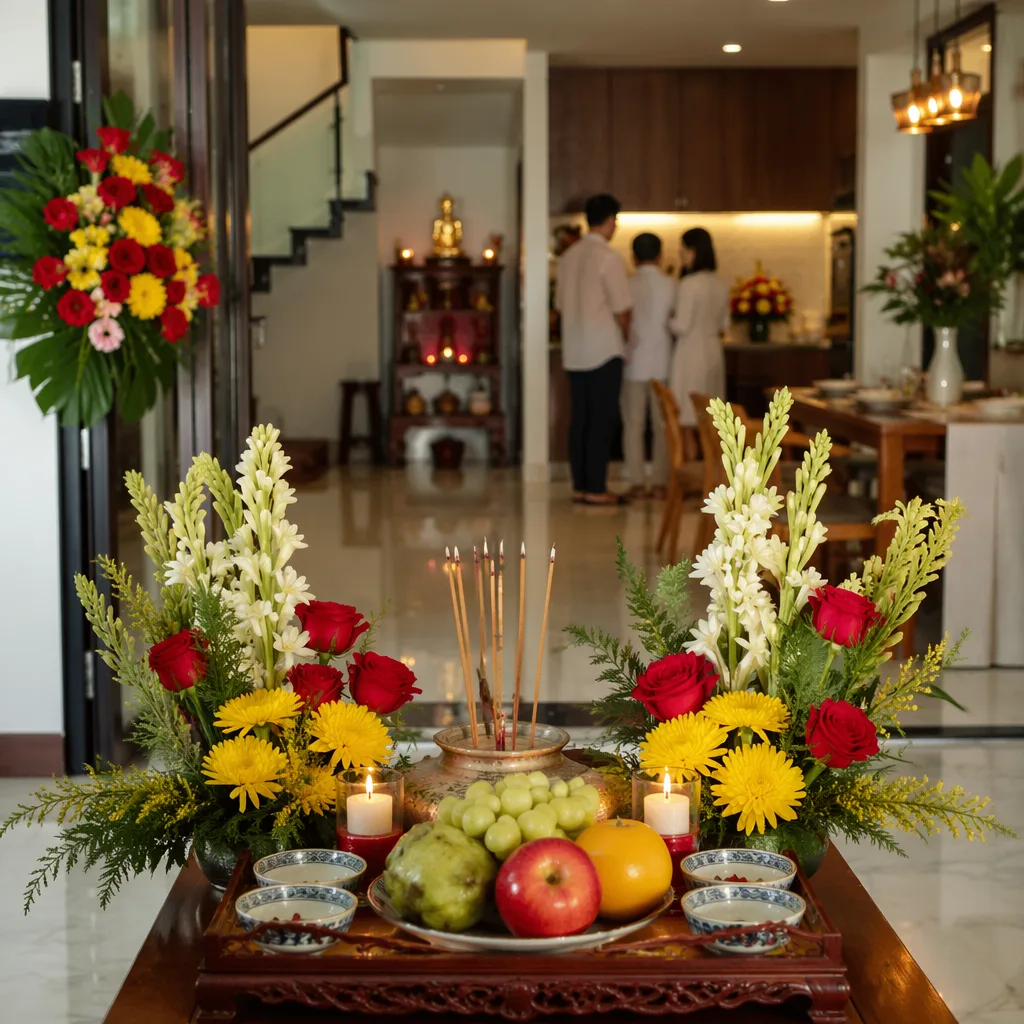 Hoa tiệc tân gia: mâm cúng và mẫu decor cho nhà 50-100m²