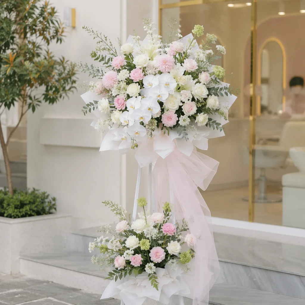 Hoa khai trương spa clinic tone trắng pastel tại Đà Nẵng