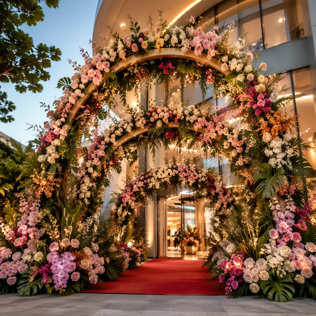 Cổng hoa Grand Opening mall: mẫu 3 tầng cho Đà Nẵng