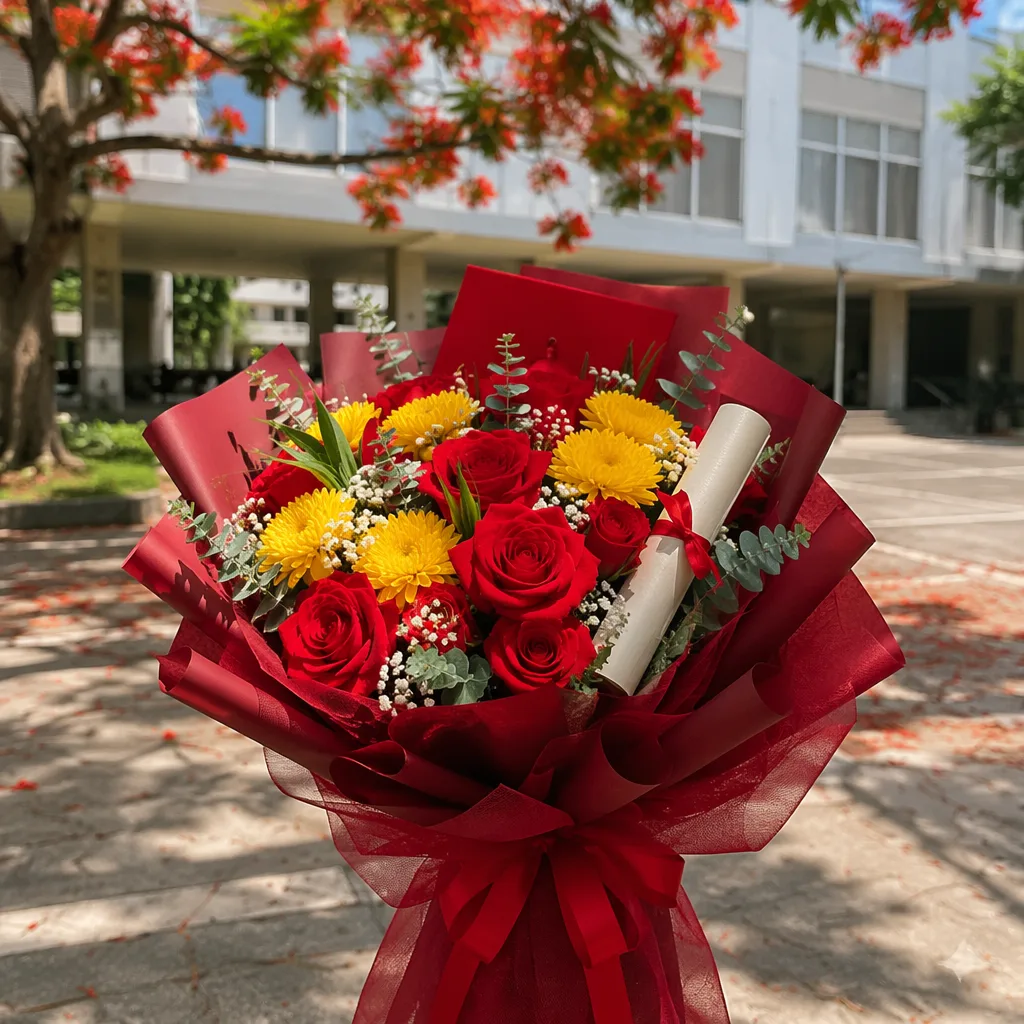 Hoa tốt nghiệp Bách khoa Đà Nẵng tone đỏ truyền thống