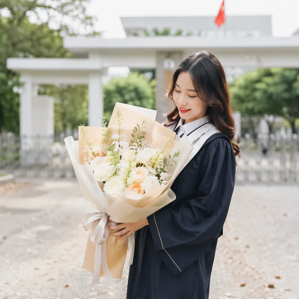 Hoa tốt nghiệp Hàn Quốc Đà Nẵng tone be trắng - hình 2