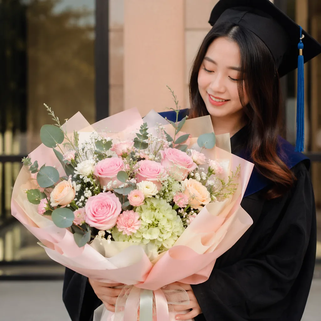 Hoa tốt nghiệp Ngoại ngữ ĐN tone pastel quốc tế