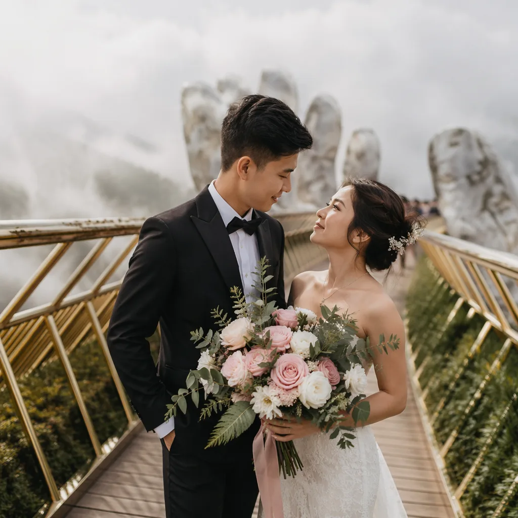 Hoa cưới Cầu Vàng Đà Nẵng: tone nào lên màu đẹp?