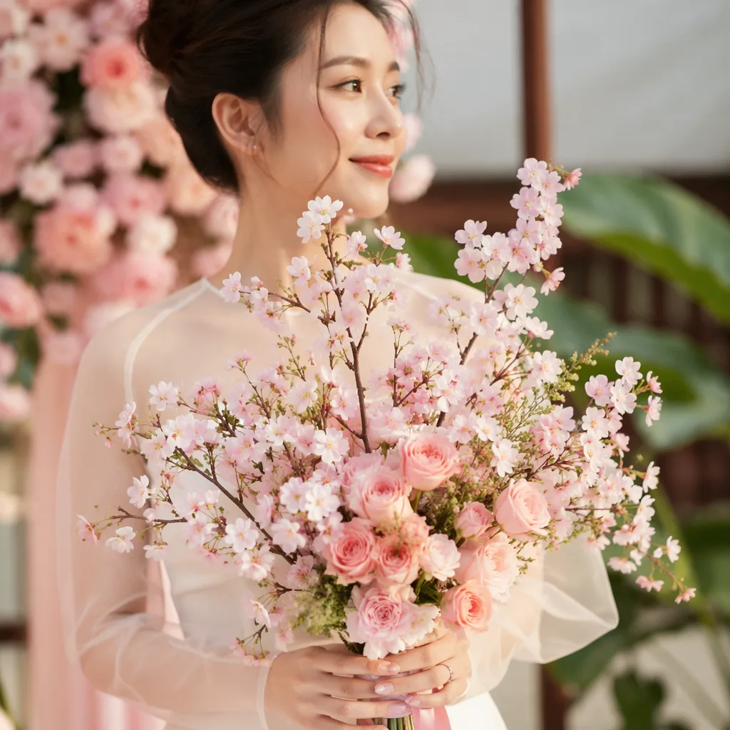 Hoa anh đào cưới Hàn fake pink tone 2026