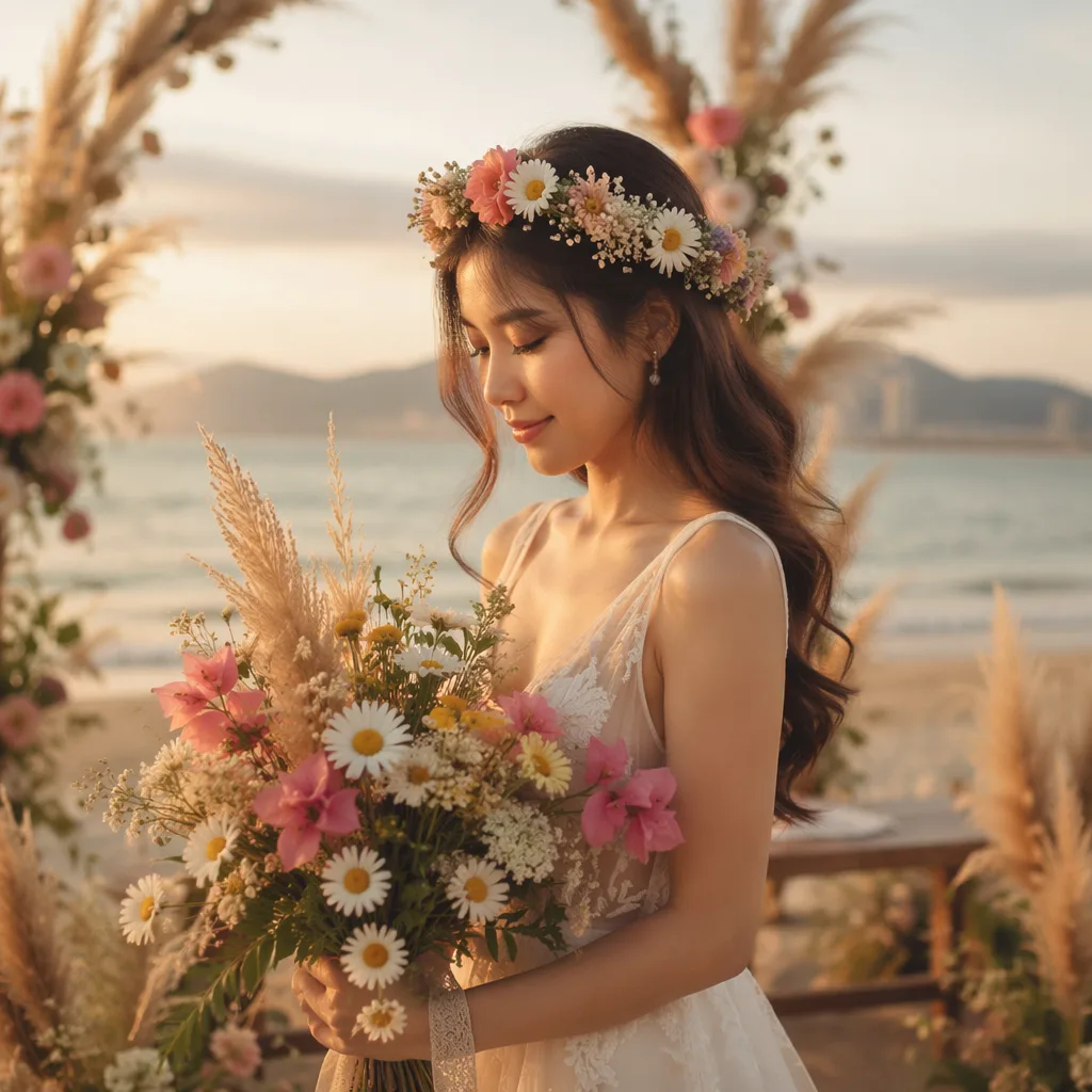 Hoa cưới Bohemian festival cho lễ cưới biển hè 2026