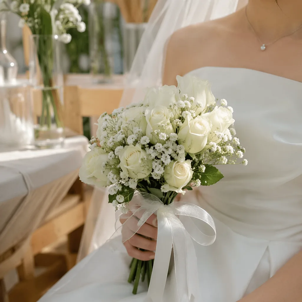 Bó hoa cưới 200k hồng trắng: Bó cầm tay đơn giản