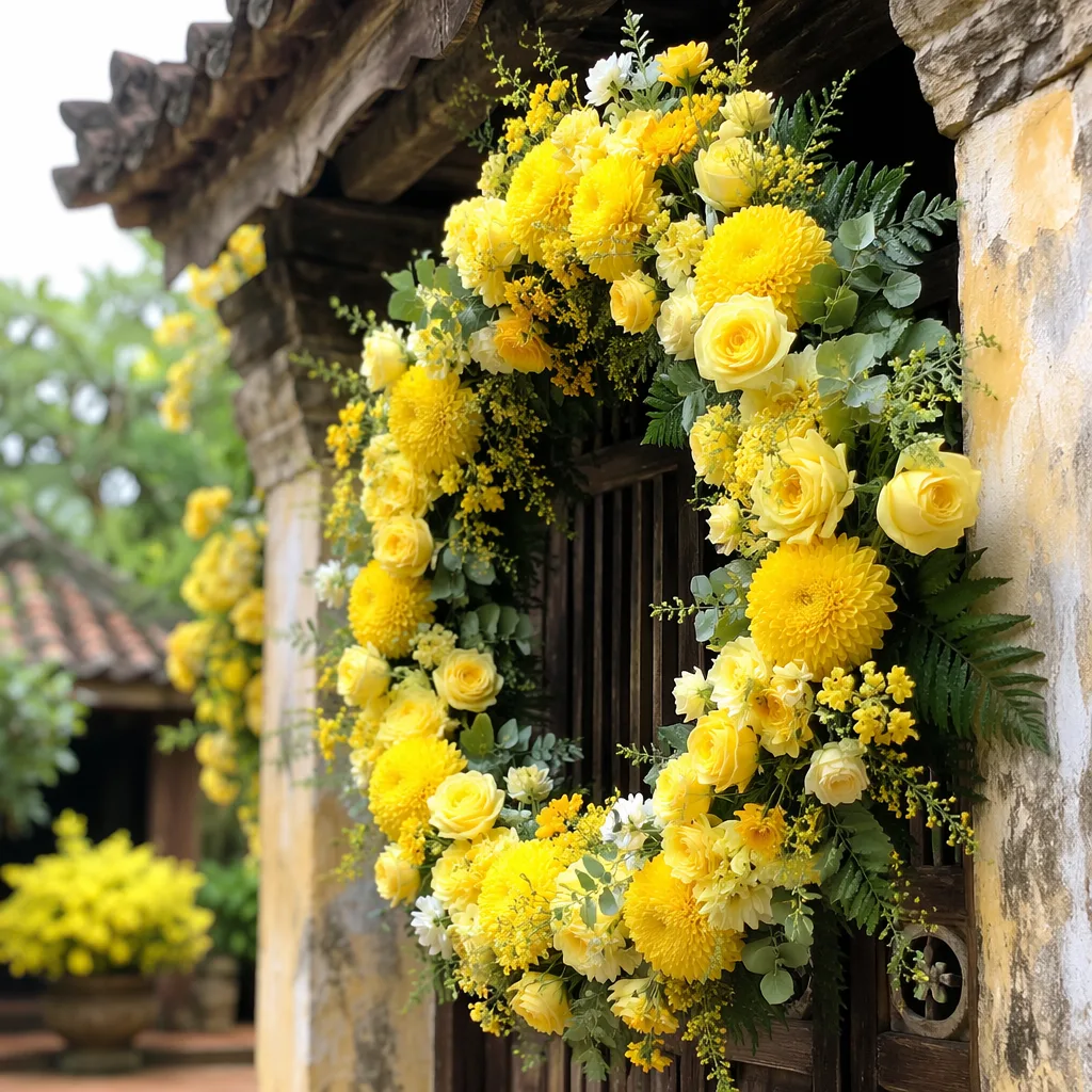 Vòng hoa wedding vàng cho cổng cưới Việt cổ - hình 1