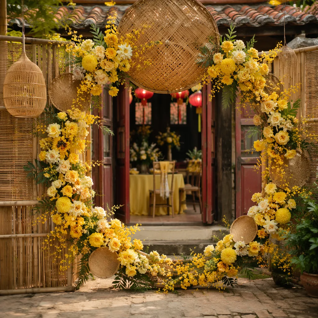 Vòng hoa wedding vàng cho cổng cưới Việt cổ - hình 2
