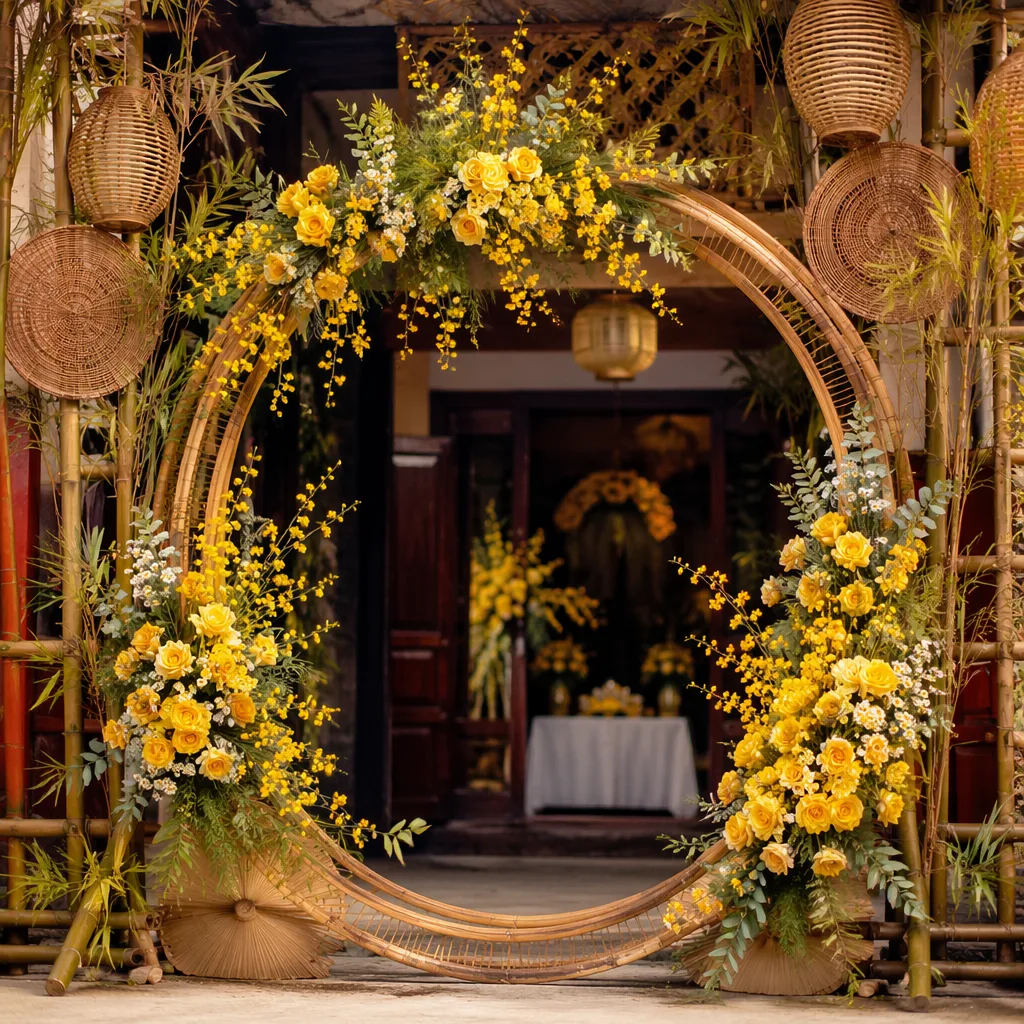 Vòng hoa wedding vàng cho cổng cưới Việt cổ - hình 4