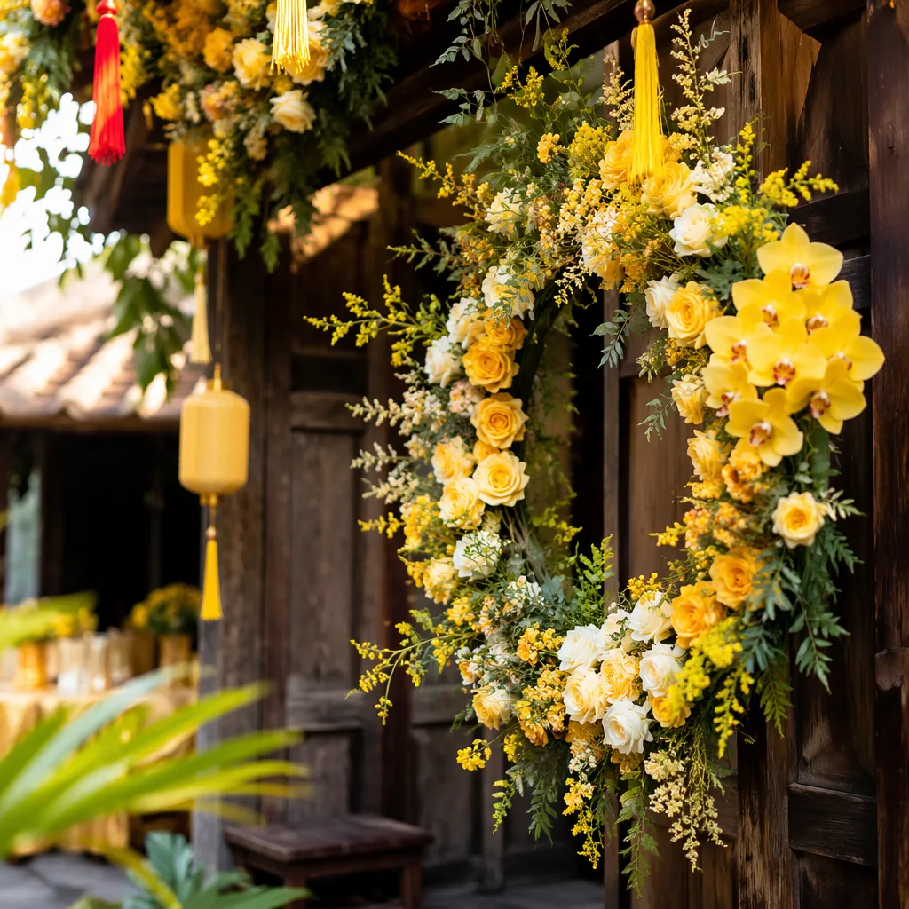 Vòng hoa wedding vàng cho cổng cưới Việt cổ