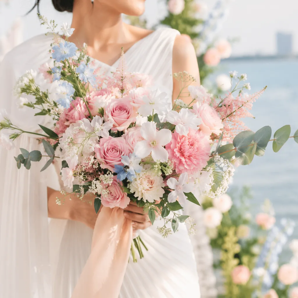 Hoa cưới thạch anh pastel cho summer wedding 2026