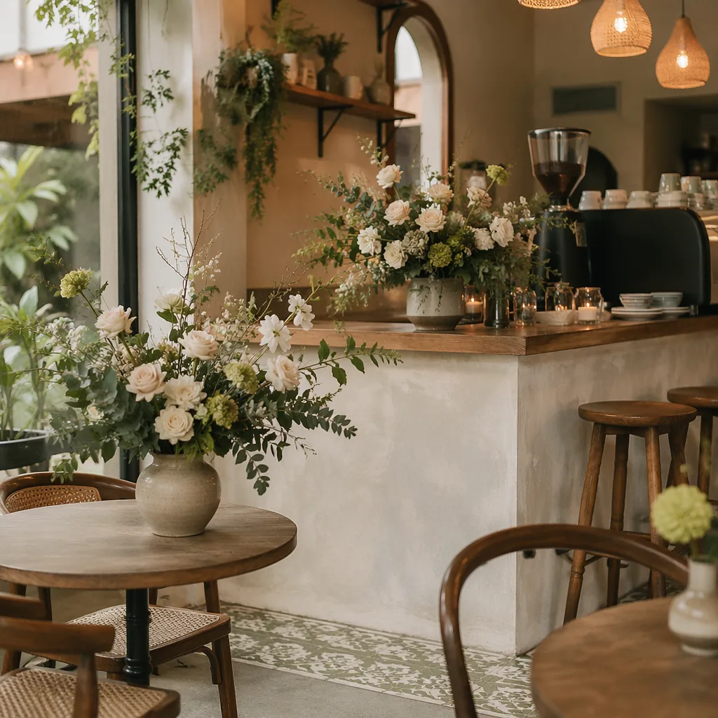 Hoa decor cafe tháng: thay 1 tháng/lần tone tự nhiên