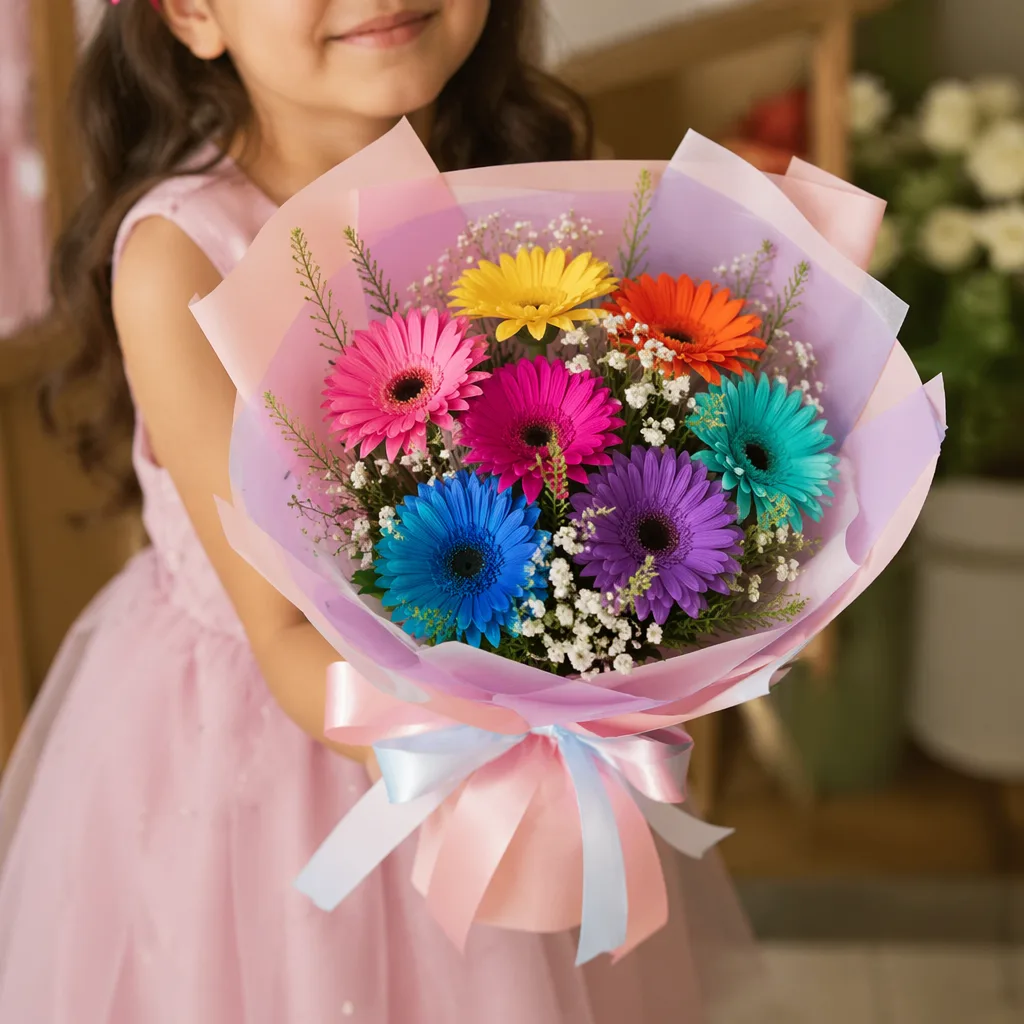 Gerbera mini Đà Nẵng cho bé gái: bó 7 màu cầu vồng