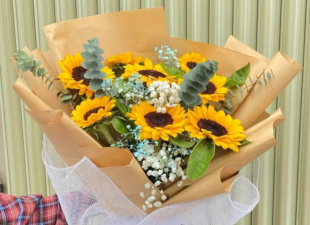Bó hướng dương gói giấy kraft, xen hoa baby trắng và baby nhuộm xanh dương