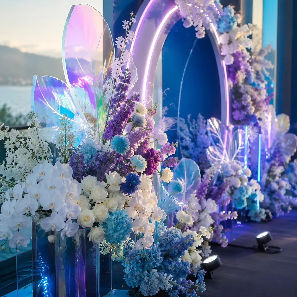 Hoa NFT launch crypto Đà Nẵng: decor techy neon