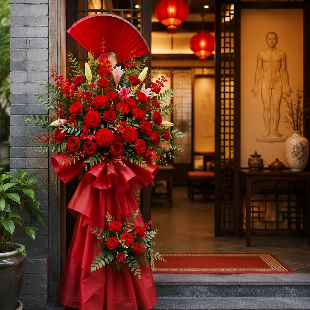 Hoa châm cứu TCM khai trương: decor truyền thống đỏ - hình 2