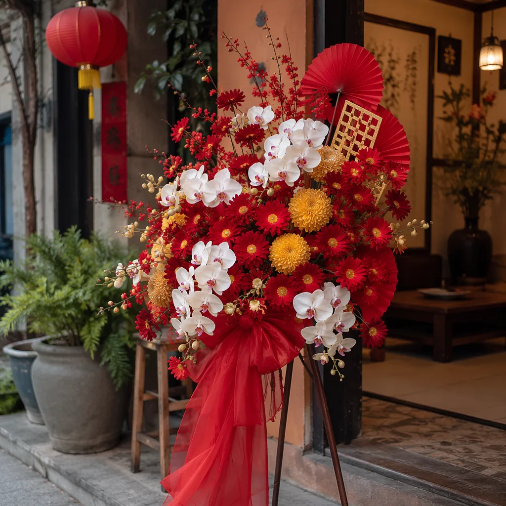Hoa châm cứu TCM khai trương: decor truyền thống đỏ