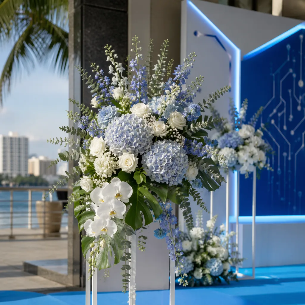 Hoa AI startup launch Đà Nẵng: decor tone xanh tech