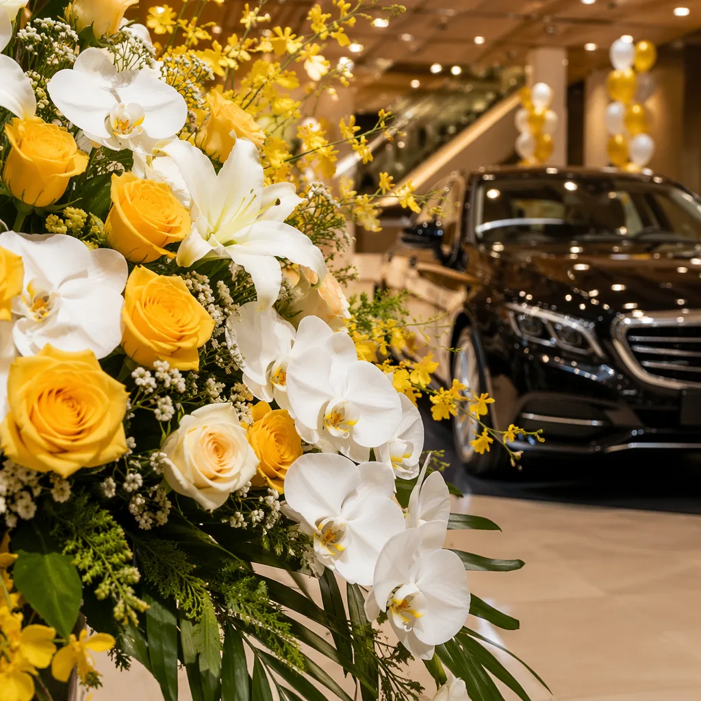 Hoa car dealership khai trương Đà Nẵng decor vàng trắng - hình 1