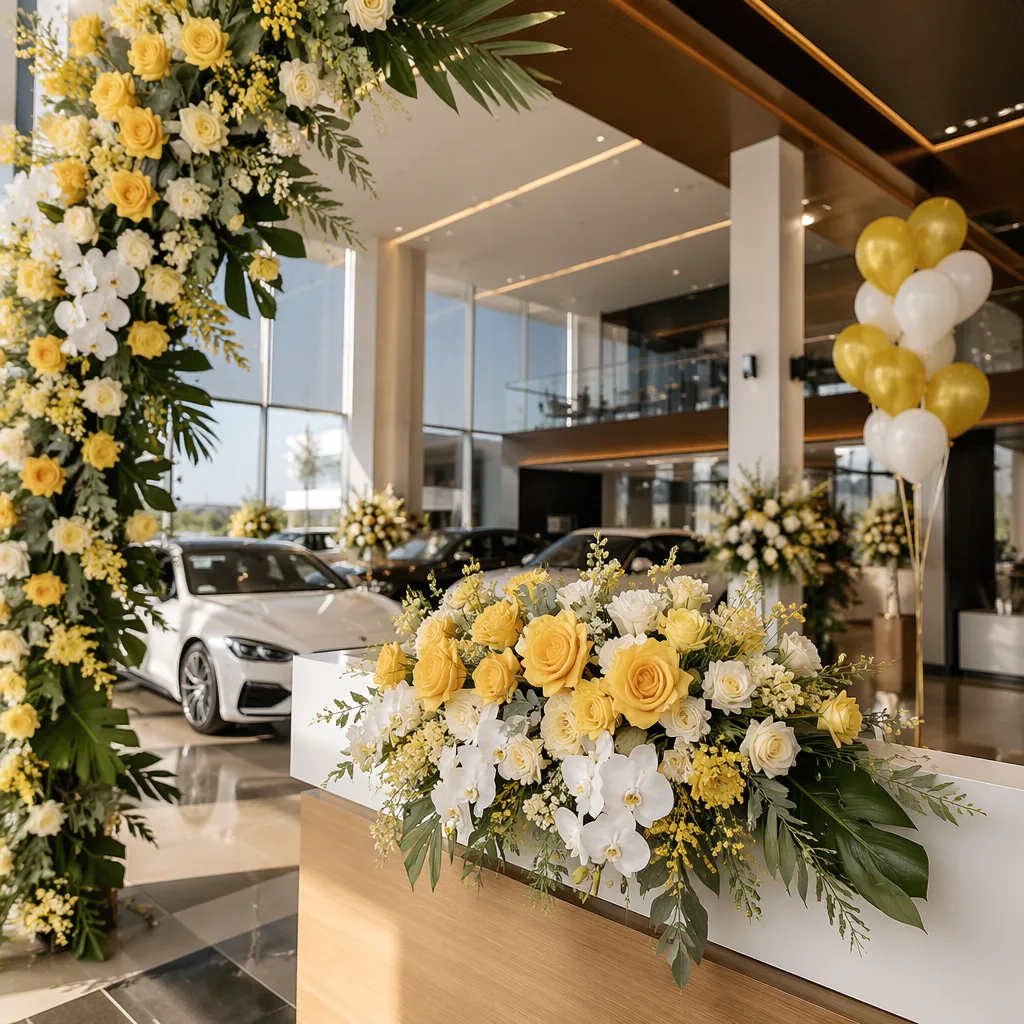 Hoa car dealership khai trương Đà Nẵng decor vàng trắng - hình 2