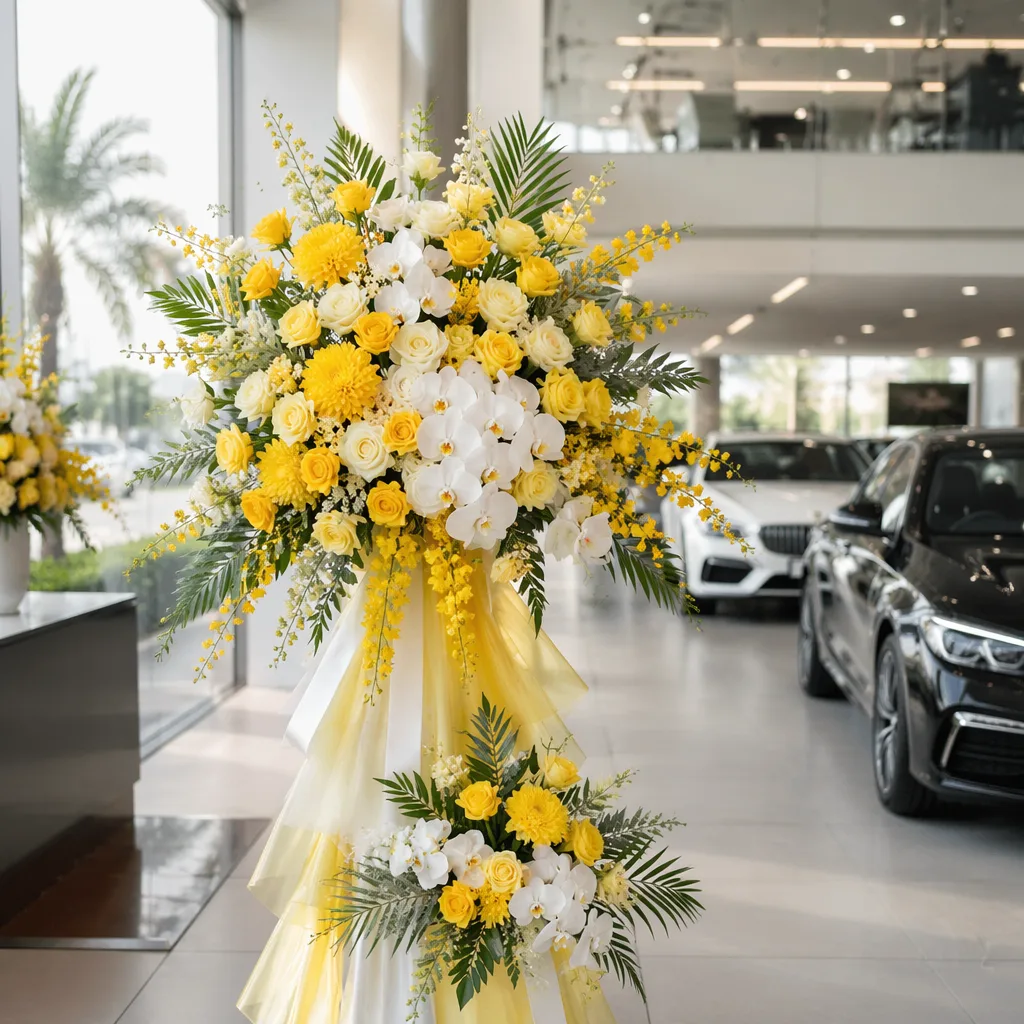 Hoa car dealership khai trương Đà Nẵng decor vàng trắng