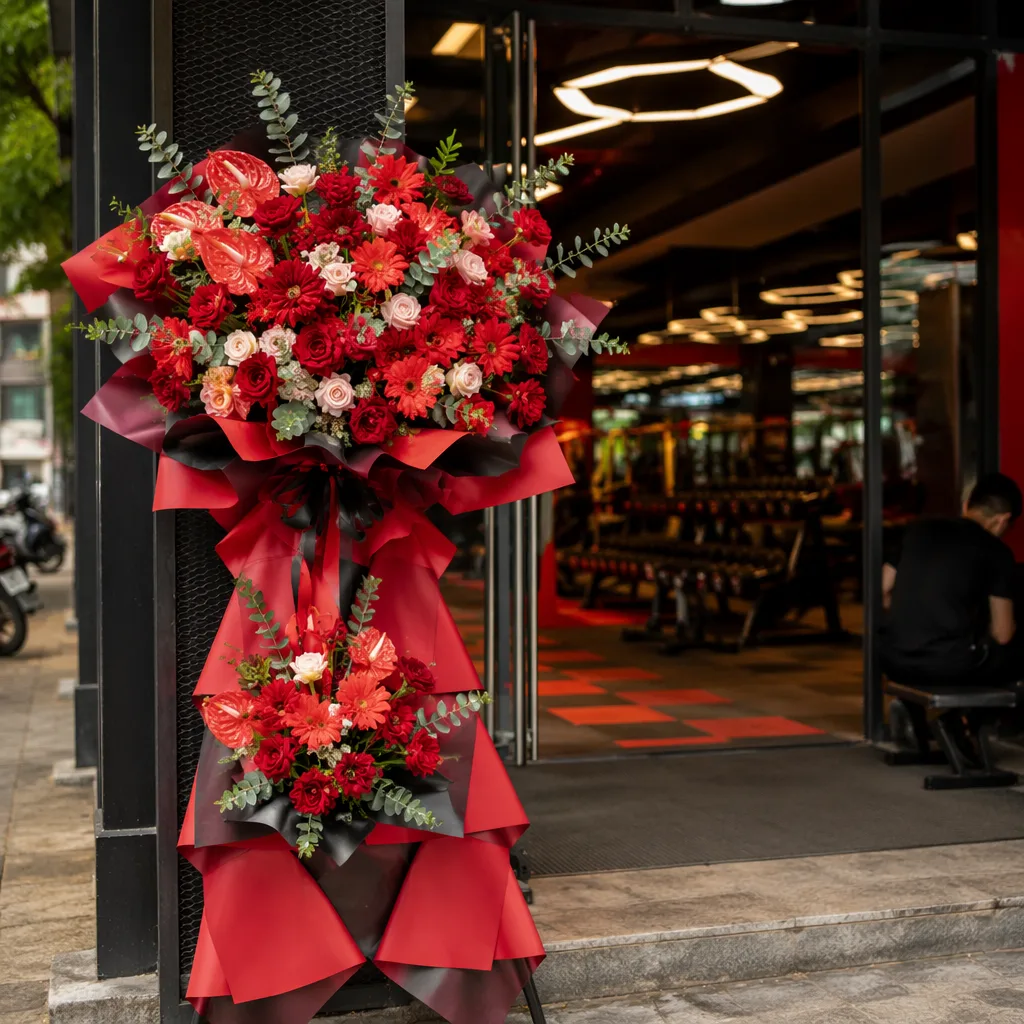 Hoa gym khai trương Đà Nẵng: decor thể thao tone đỏ