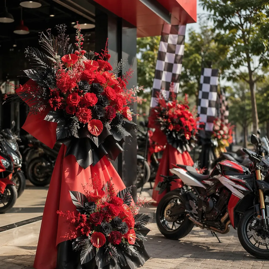 Hoa motorbike shop khai trương: decor đỏ đen máy móc - hình 2
