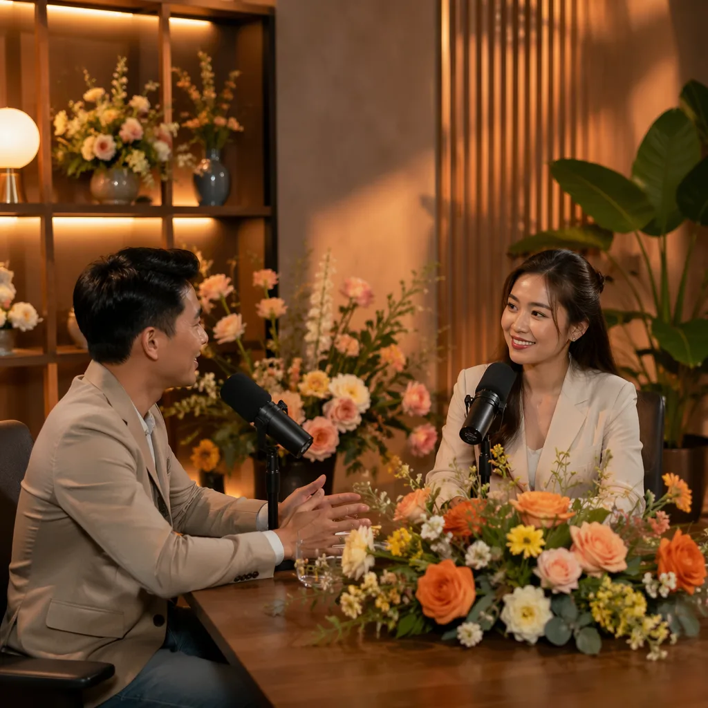 Hoa podcast launch Đà Nẵng: decor tone ấm hời - hình 2
