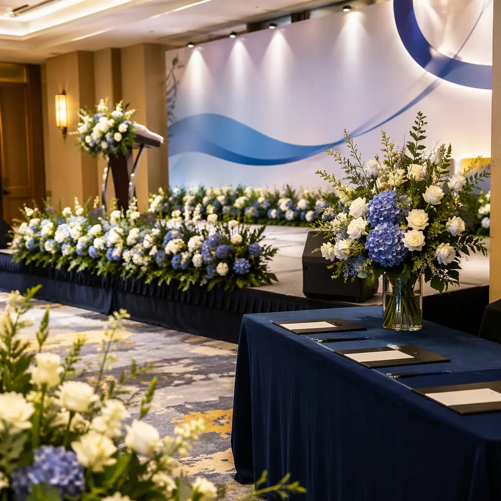 Hoa hội nghị MICE Đà Nẵng: sân khấu, banner, welcome table