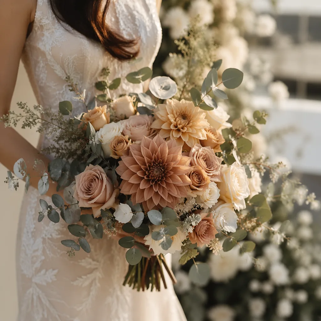 Hoa nâu Café au Lait wedding: trend 2026 cho cô dâu thu