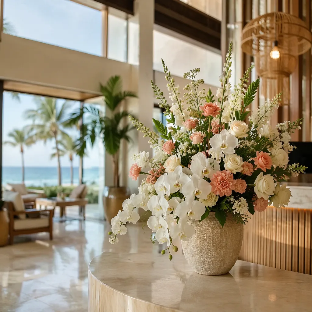 Hoa trang trí sảnh resort biển Đà Nẵng mùa cao điểm