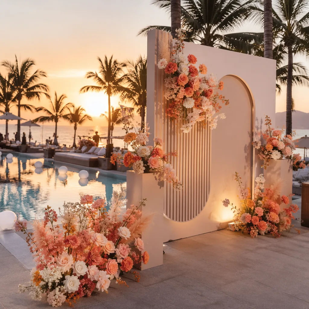 Hoa trang trí sunset party hồ bơi resort Đà Nẵng 2026