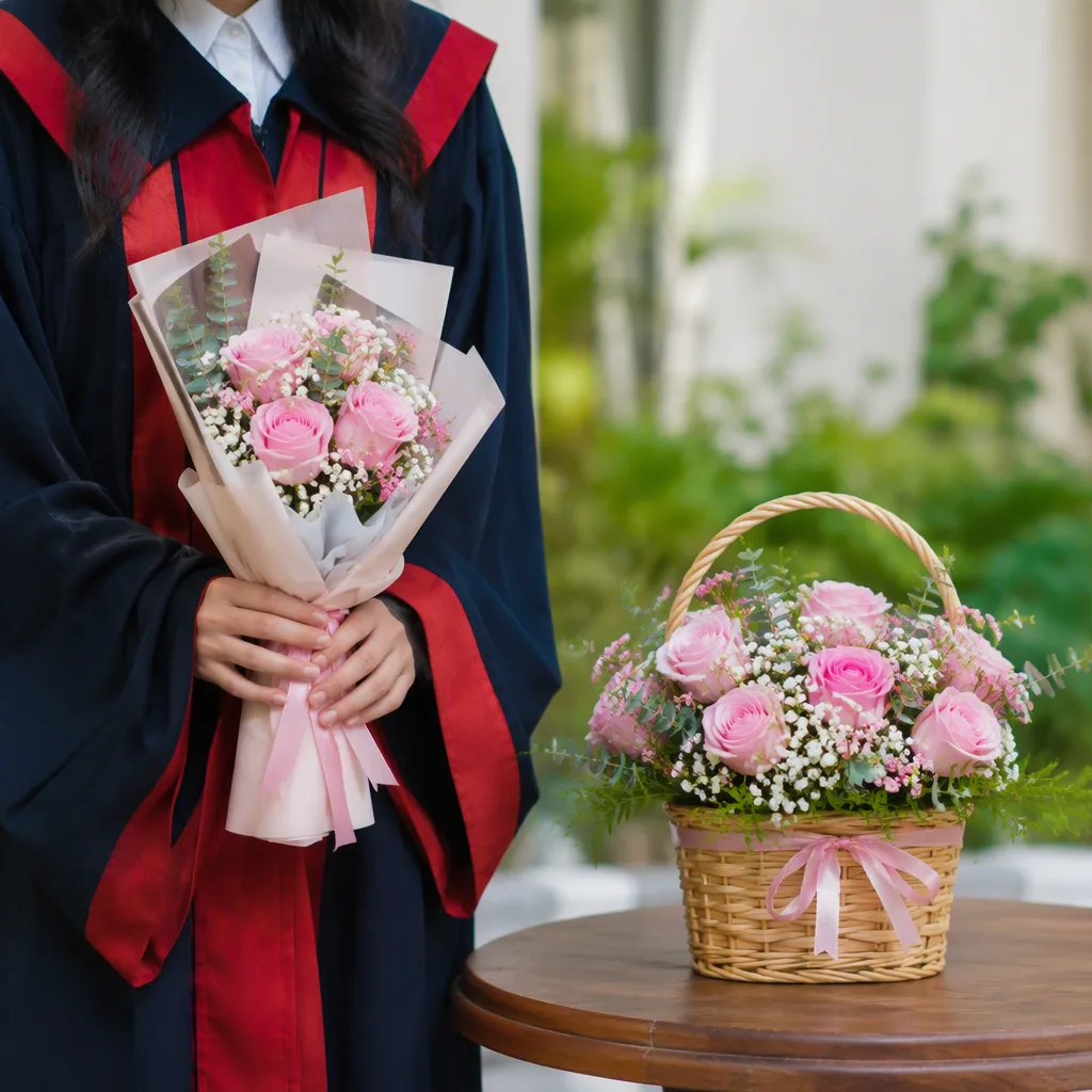 Bó hoa cầm trên tay cạnh giỏ hoa đặt vững trên bàn thấp