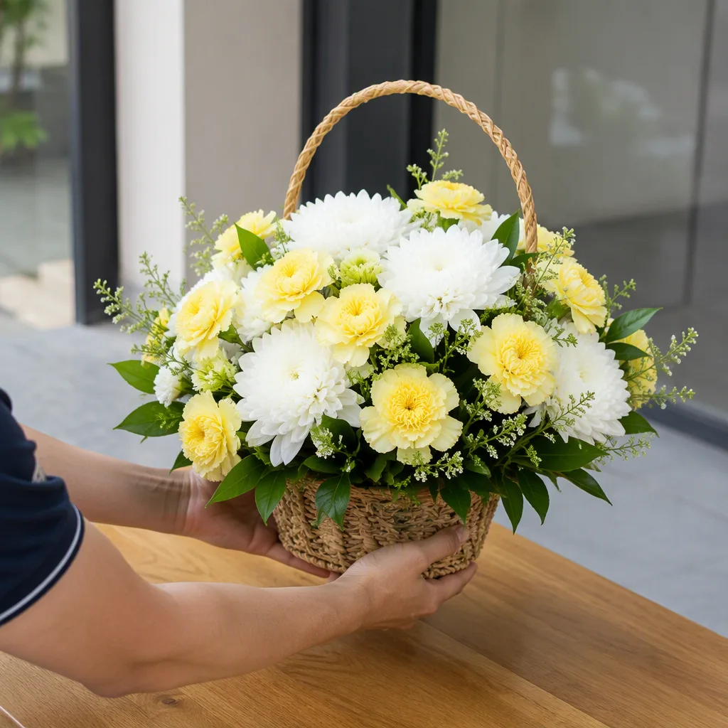 Giỏ hoa được đỡ bằng hai tay ở phần đáy khi chuyển lên bàn