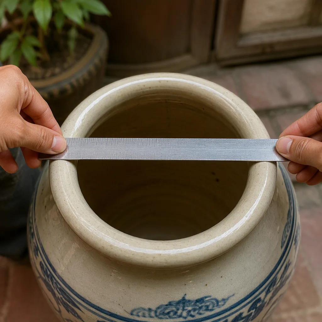 Thước đặt ngang phần lòng miệng của bình rỗng trên bàn vững