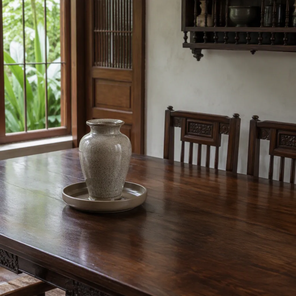 Bình rỗng đặt trên khay kiểm tra, cạnh khoảng bàn trống dự kiến dành cho hoa