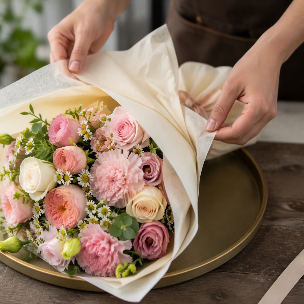 Hai tay mở từng mép giấy bên ngoài, bó hoa nằm trên khay nông