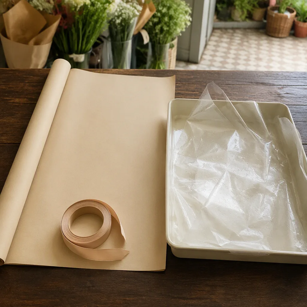 Giấy gói khô được xếp phẳng cạnh nơ cuộn gọn, tách khỏi lớp lót ướt trong khay