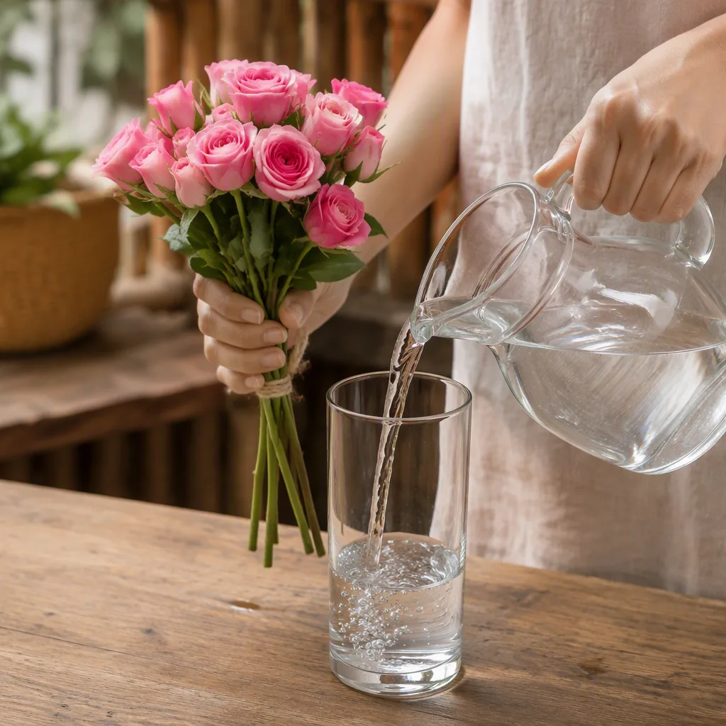 Bó hồng được giữ cạnh bình trong lúc tay rót nước mới từ ca sạch