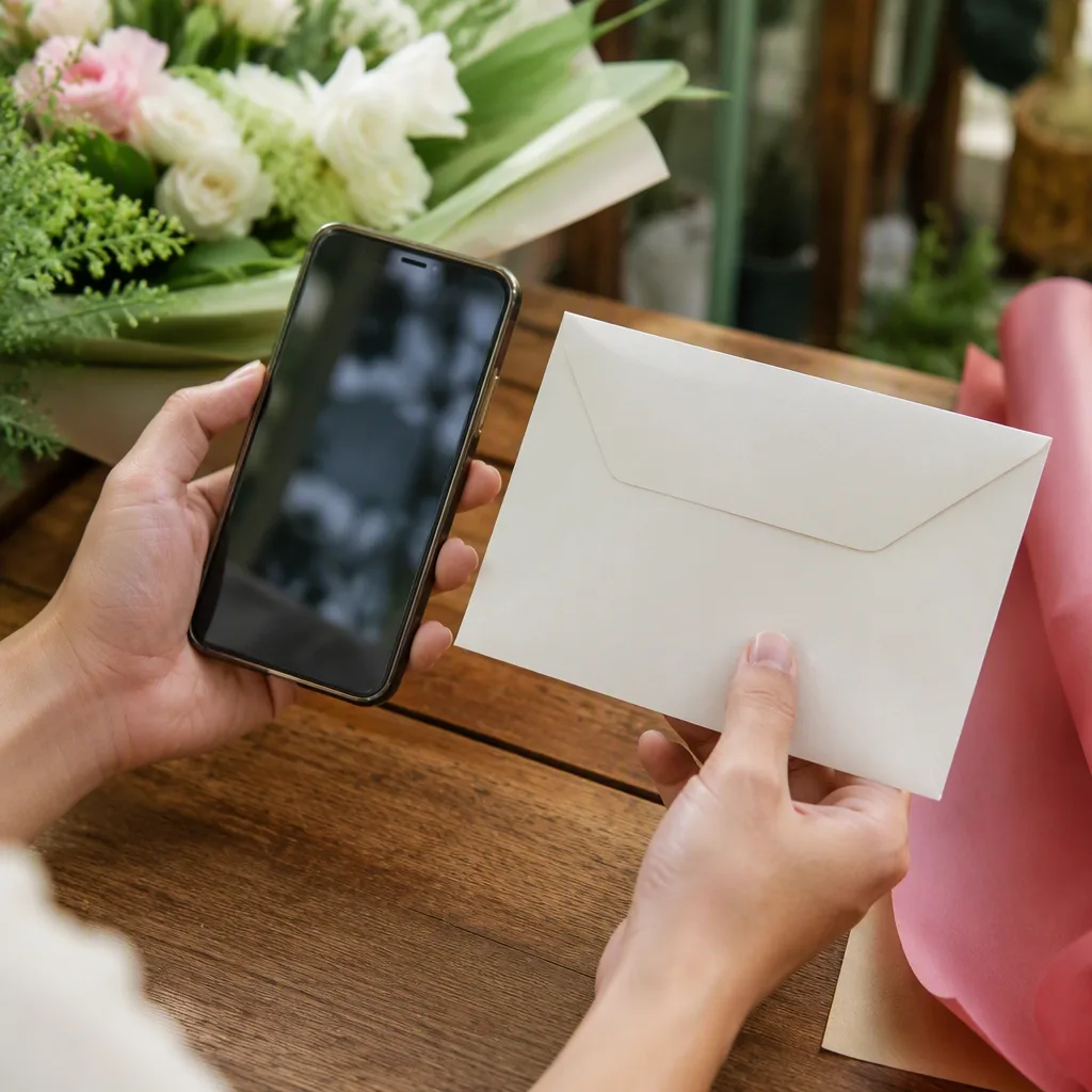 Hai bàn tay đối chiếu điện thoại với phong bì trên quầy gỗ