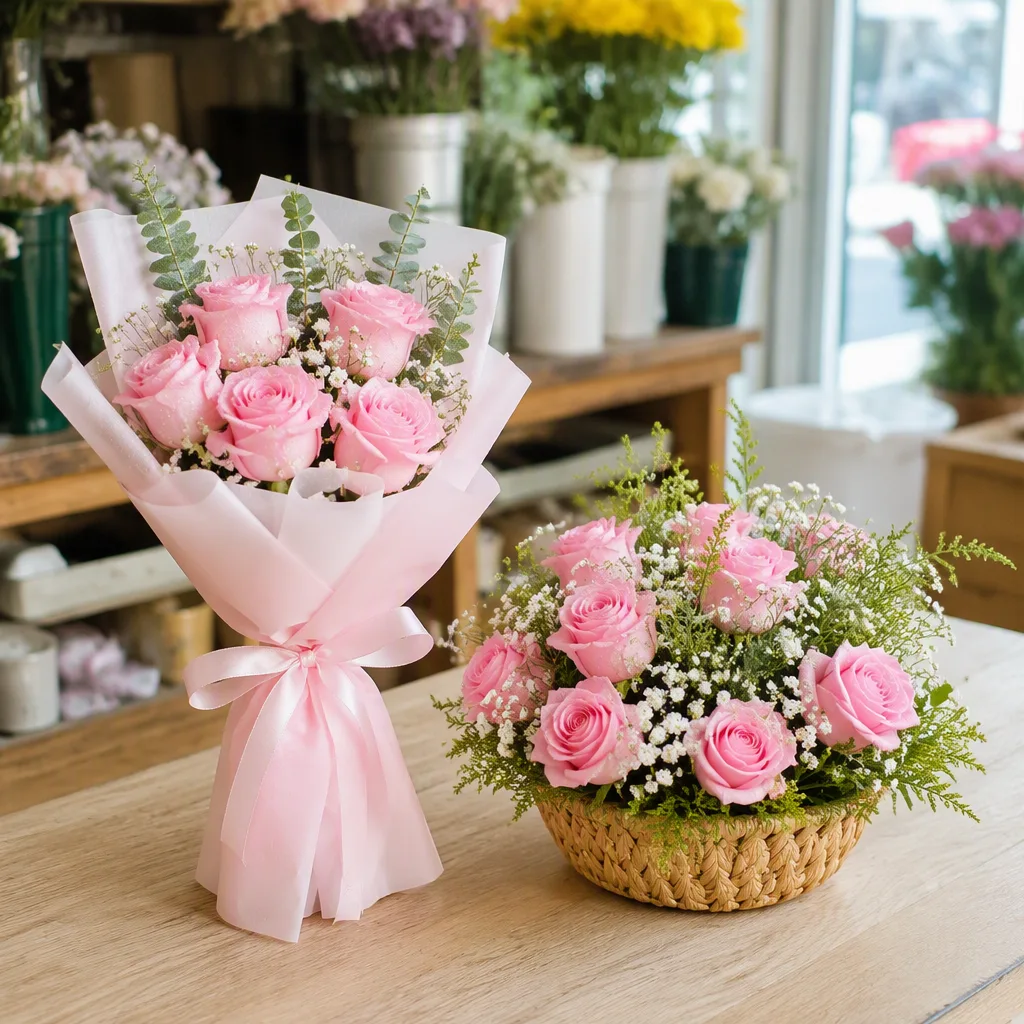 Bó hoa nhỏ đặt cạnh giỏ thấp trên quầy tiệm còn trống