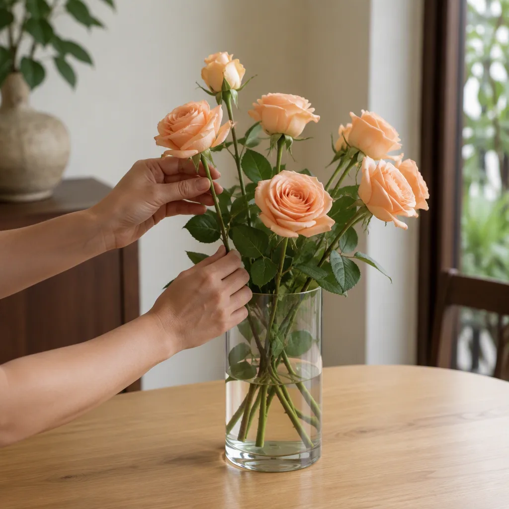 Hai tay chỉnh nhẹ cành hoa khi bình đã đứng trên bàn gỗ