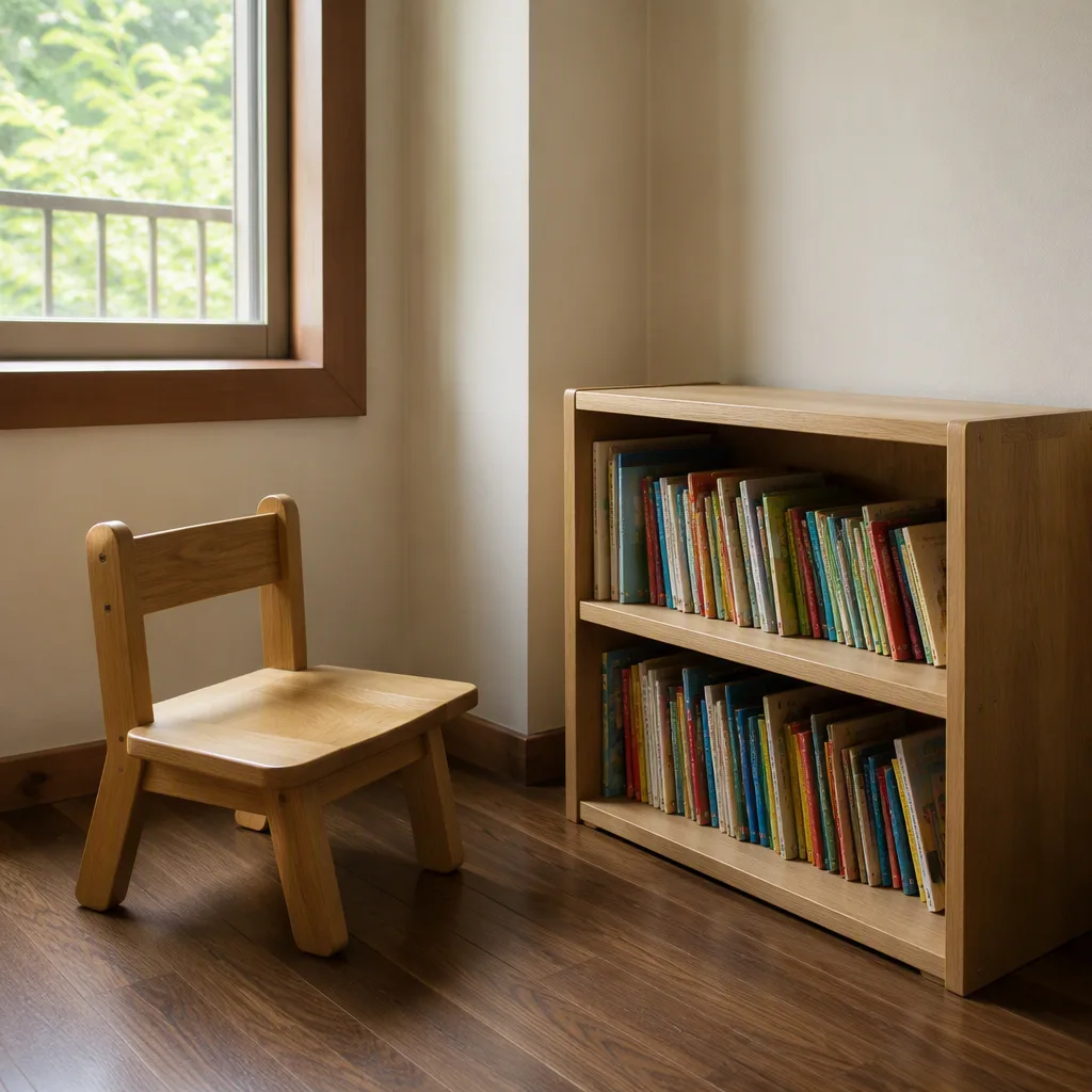 Góc đọc sách trẻ nhỏ gọn gàng, không đặt bình hay dây hoa quanh chỗ ngồi