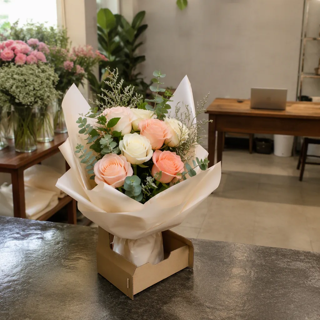 Bó hoa nhỏ nằm trên quầy chuẩn bị, cách xa máy tính và giấy tờ công việc