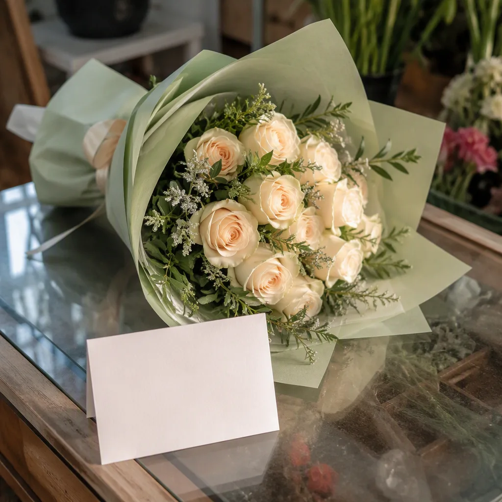 Bó hoa kem và thiệp trống đặt riêng trên quầy chuẩn bị quà